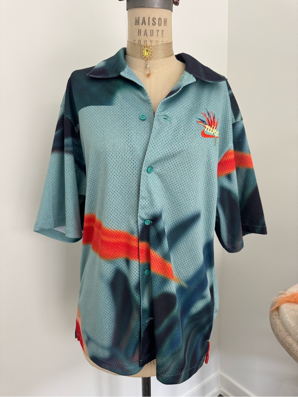 Nike Resort Dri FIT Hawaiian Mesh Shirt Blue Green Size Medium